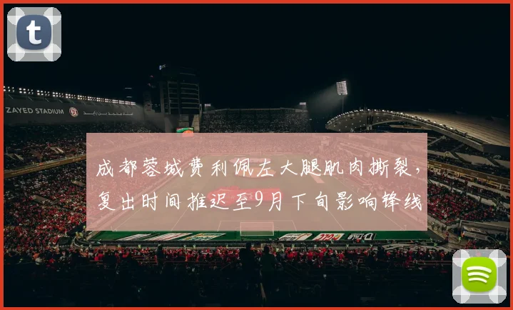 成都蓉城费利佩左大腿肌肉撕裂，复出时间推迟至9月下旬影响锋线